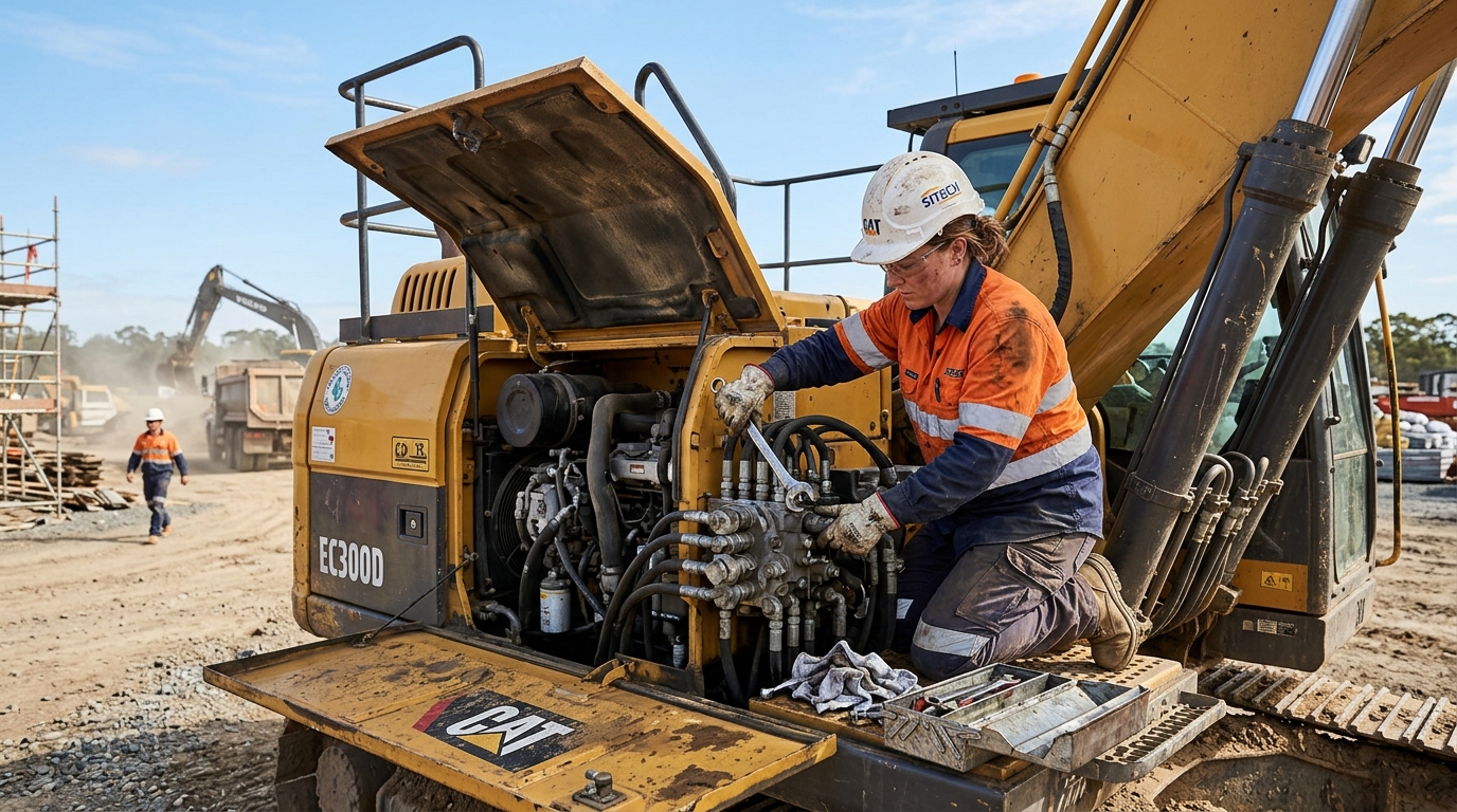 Field technician servicing a yellow hydraulic excavator on an active Kansas City jobsite